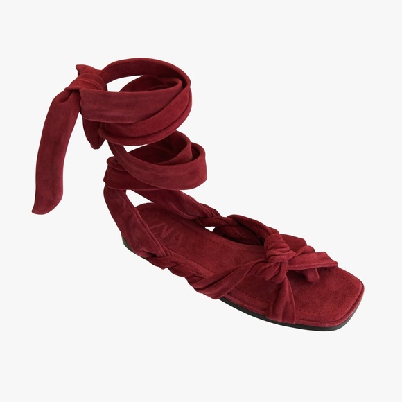 ZARA Tied Flat Leather Sandals - Burgundy Red - Picture 5 of 5